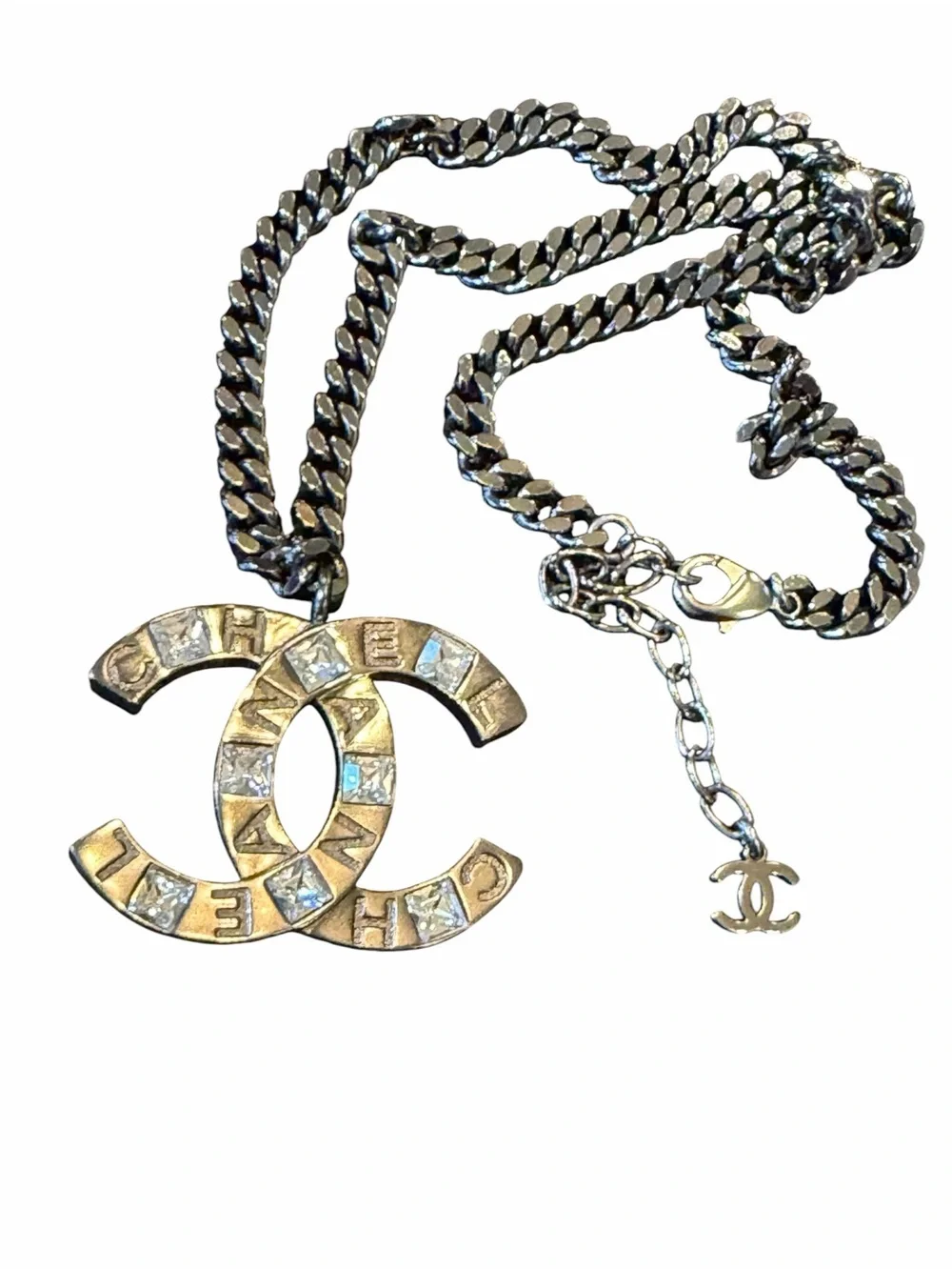 CHANEL Gun Metal and Silver Double-C Crystals Pendant Necklace